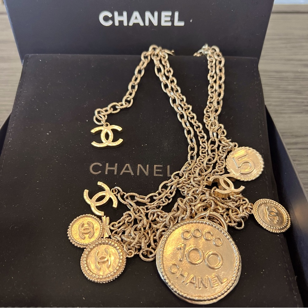 Chanel Authentic 5 Coin & 3 Charm 100th Anniversary Necklace